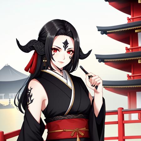 1672770421-4244045309-black hair, Red eyes, Xaela, Aurate, pale skin, forehead, samurai, (((japanese city))), scales.png